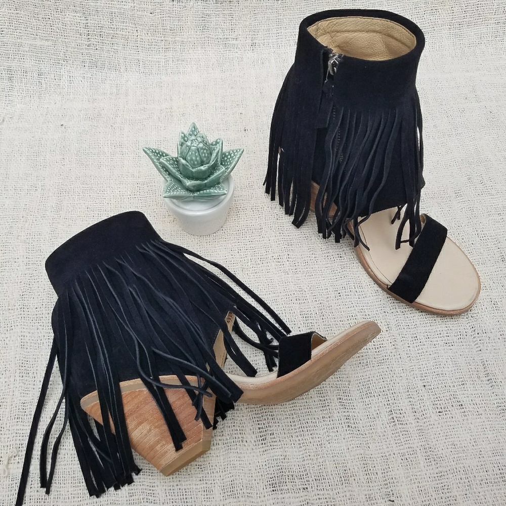 Boho Fringe Suede Cut Cuff Heeled Sandals